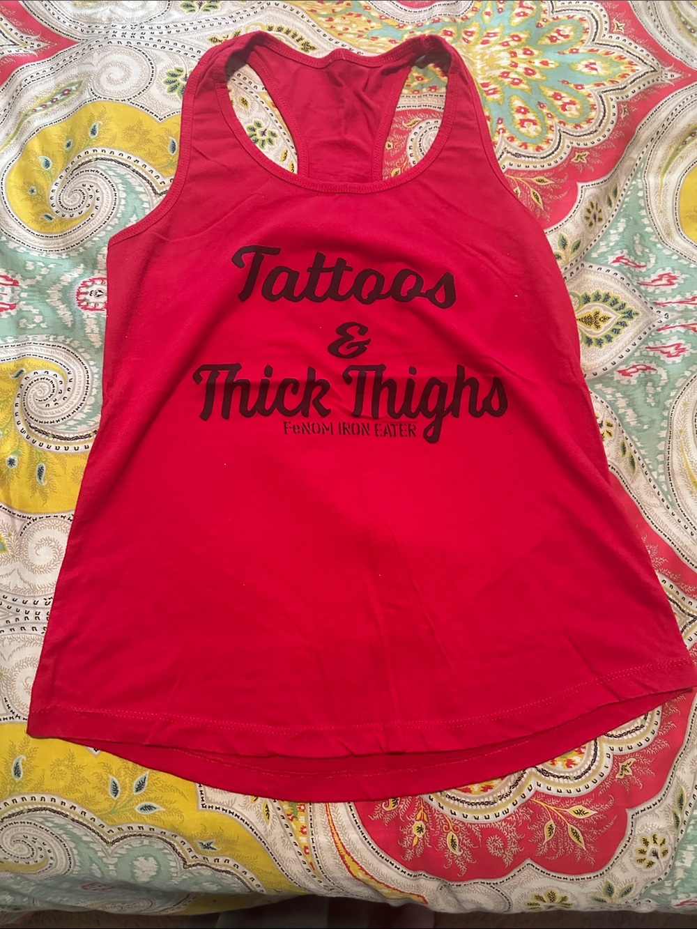 Red Racerback Tank Top with 'Tattoos & Thick Thighs' Script